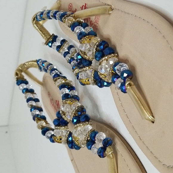 Sparkly Blue Beaded Rhinestone Flat Between The Toe Sandals Shoes Flats Indian - Picture 4 of 9